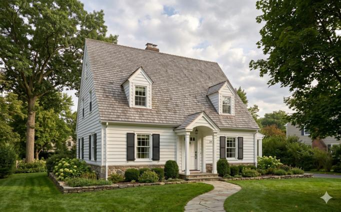 A two-story American Cape Cod-style house with a dramatic 12/12 (45-degree) roof pitch — the steep gable roof is the dominant architectural feature.