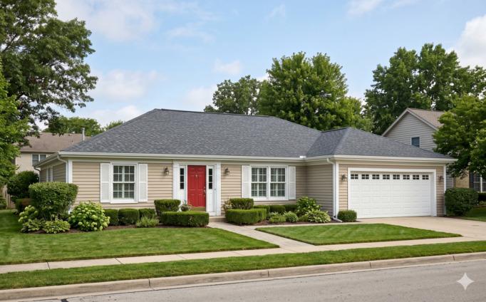 A single-story American ranch-style suburban house with a 4/12 roof pitch — the most common residential pitch in U.S. construction.