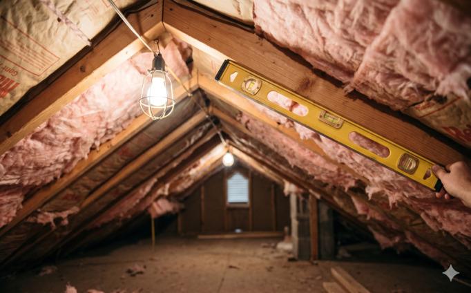 View from inside a residential attic looking up at the underside of two adjacent 2x10 wooden rafters, with a 2-foot yellow spirit level held against the underside of one rafter, the bubble centered.