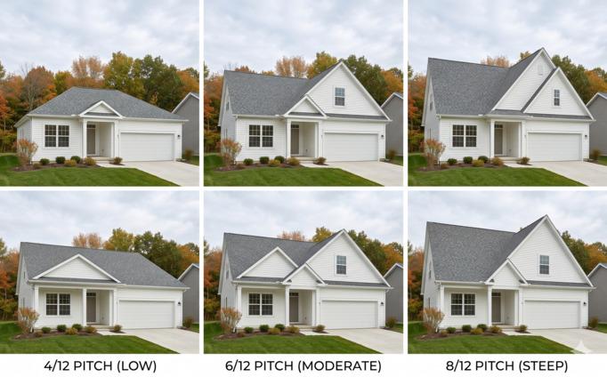 Side-by-side photo comparison of three common residential roof pitches: 4/12, 6/12, and 8/12 — showing how each looks on similar houses.