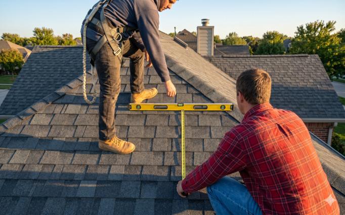 A roofer wearing a safety harness holding a 2-foot spirit level horizontally on the surface of a residential asphalt-shingle roof, while a second person measures the rise vertically with a tape from the 12-inch mark.