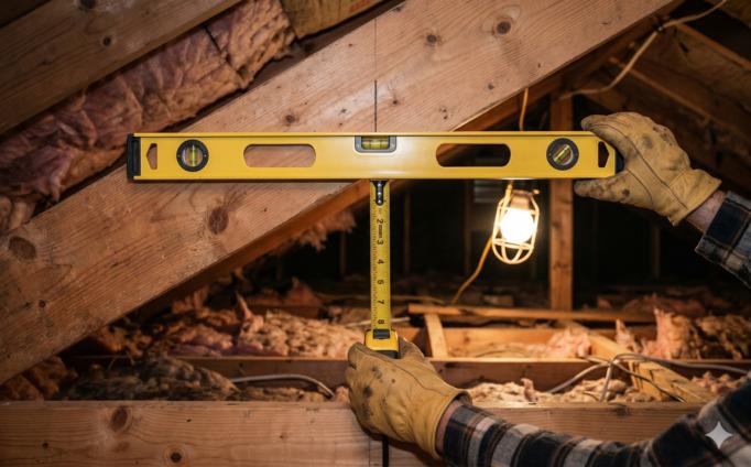 A 2-foot spirit level held against the underside of a rafter inside an attic, with a tape measure marking the 12-inch reference point and the rise being measured vertically.