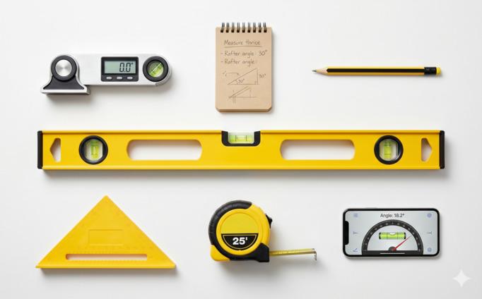 Flat-lay photo of the basic roof pitch measurement toolkit: a 2-foot spirit level, a 25-foot tape measure, a pencil, a notepad, and a digital angle finder.