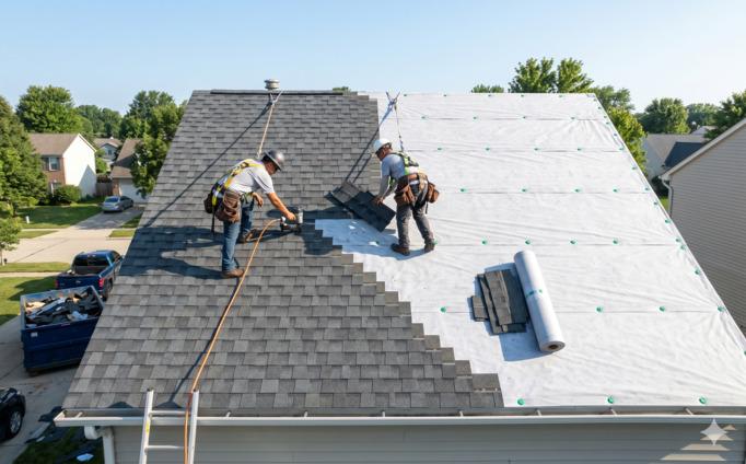 A roofing crew installing architectural asphalt shingles on a residential gable roof, with tear-off complete and synthetic underlayment visible at the eaves.