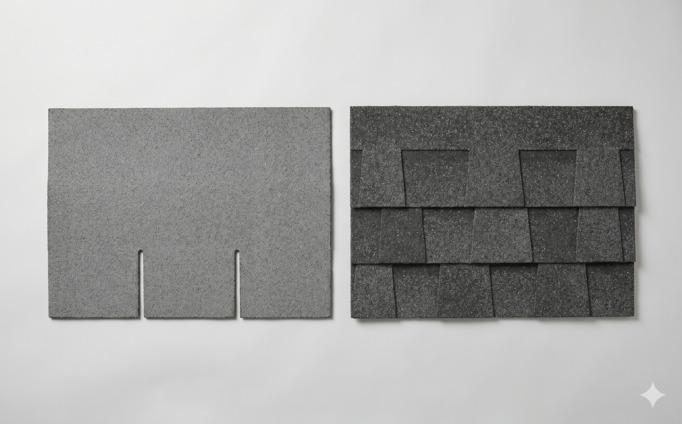 Studio product photograph showing two asphalt shingle samples side by side: a flat 3-tab shingle and a thicker dimensional architectural shingle, demonstrating the visual difference between the two main residential tiers.