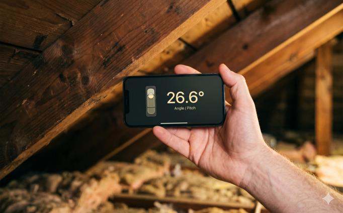 A hand holding a smartphone flat against a wooden rafter in an attic, with the phone screen displaying a clinometer app showing 26.6° and a level bubble indicator.