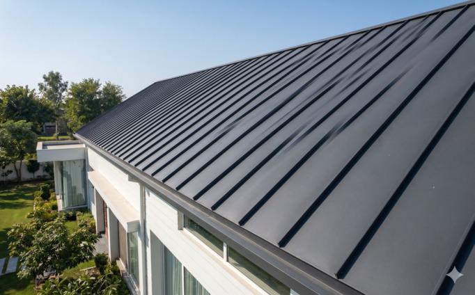 A standing-seam metal roof in a matte dark-gray PVDF finish on a contemporary residential home, with prominent raised vertical seams every 16 inches.